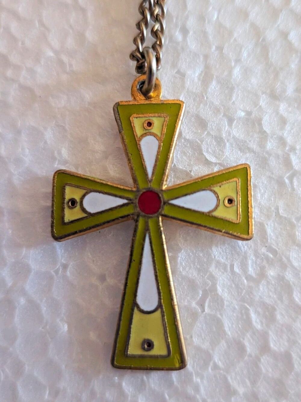 Vintage Enamel Cross Pendant Necklace Green Yellow White Red Gold Tone Religious